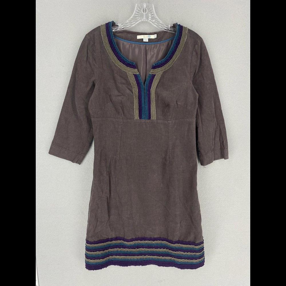 Boden Womens Dress Size 6 Regular Brown Embroidered Corduroy V Neck